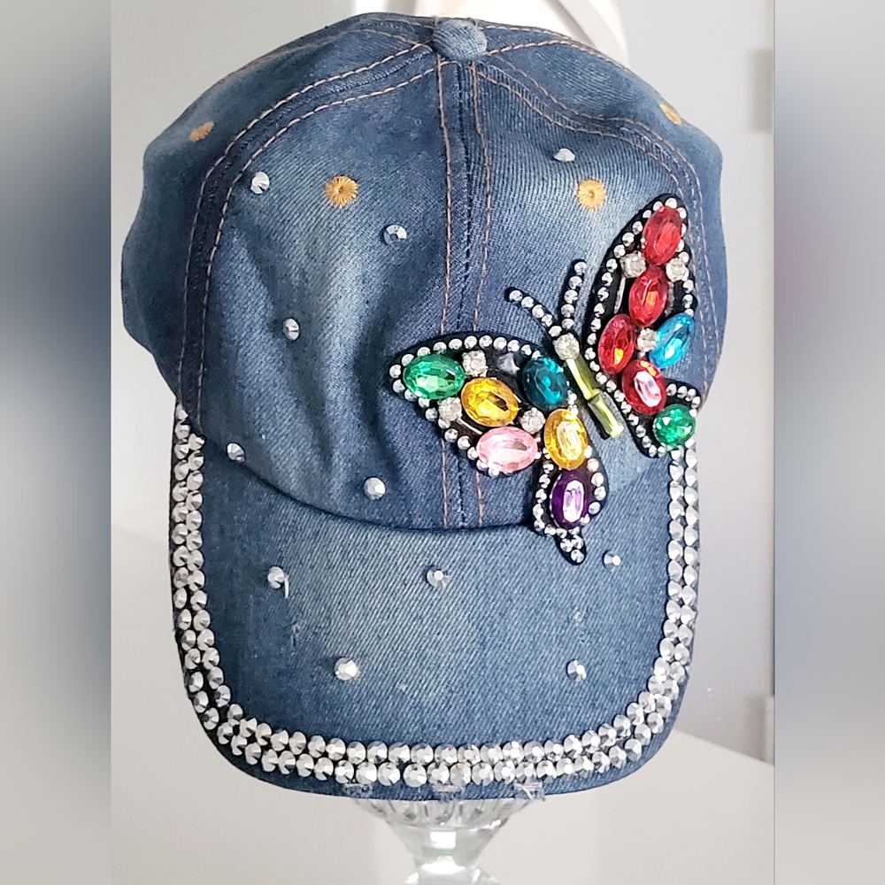 Denim Butterfly Rhinestone Baseball Hat, Adjustable - Picture 3 of 14